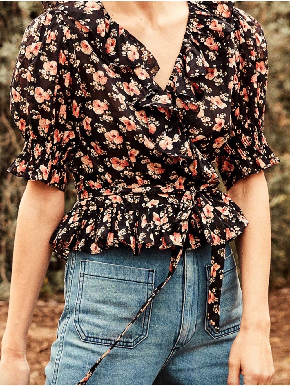 Doen Black Floral Wrap Blouse with Coral Accents